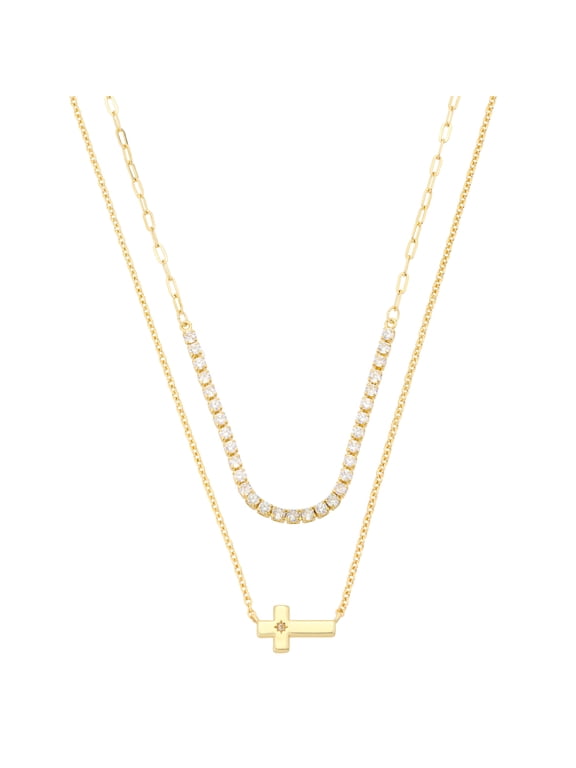 Women's 14Kt Gold Flash Plated Cubic Zirconia Cross Necklace Set