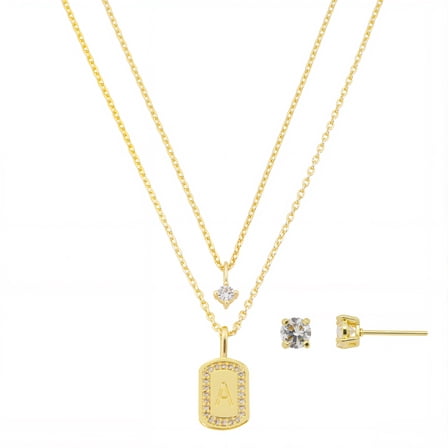 Believe by Brilliance Women's 14Kt Gold Flash Plated Cubic Zirconia Double Layer Tag "A" Necklace and Earring Set