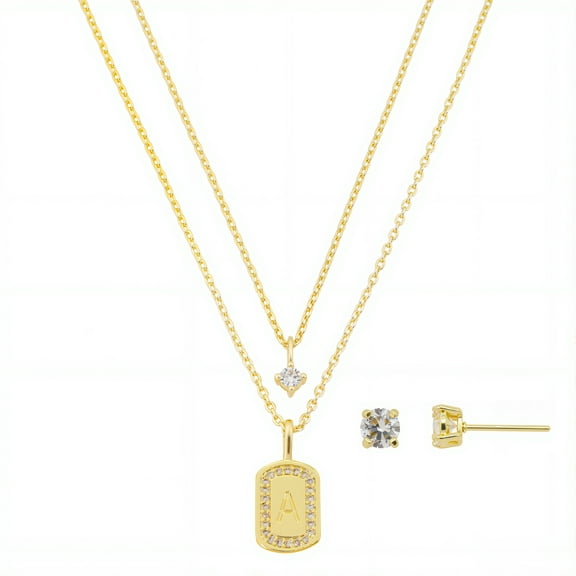 Believe by Brilliance Women's 14Kt Gold Flash Plated Cubic Zirconia Double Layer Tag "A" Necklace and Earring Set