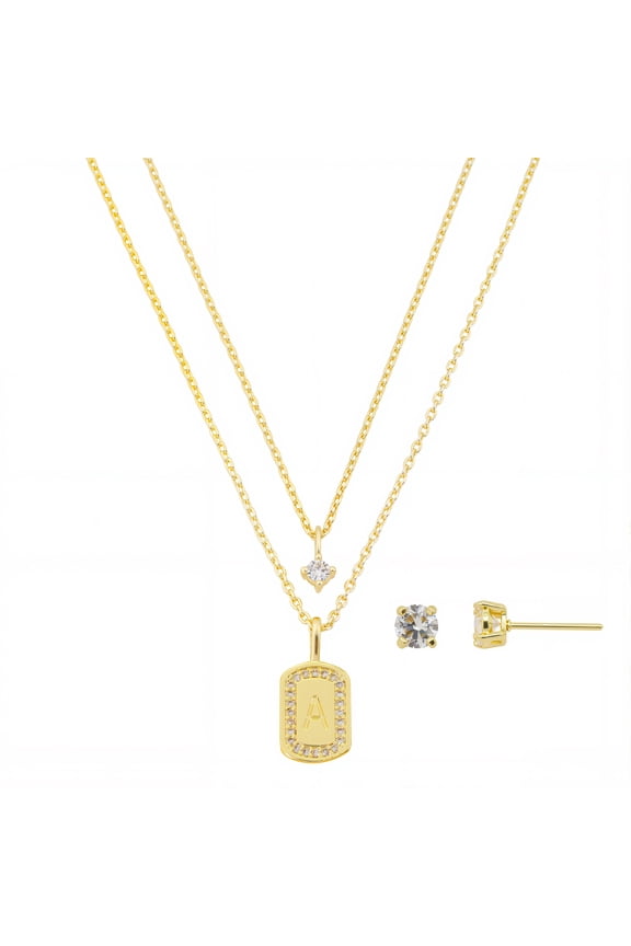 Women's 14Kt Gold Flash Plated Cubic Zirconia Double Layer Tag "A" Necklace and Earring Set