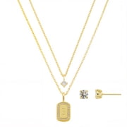 Women's 14Kt Gold Flash Plated Cubic Zirconia Double Layer Tag "B" Necklace and Earring Set
