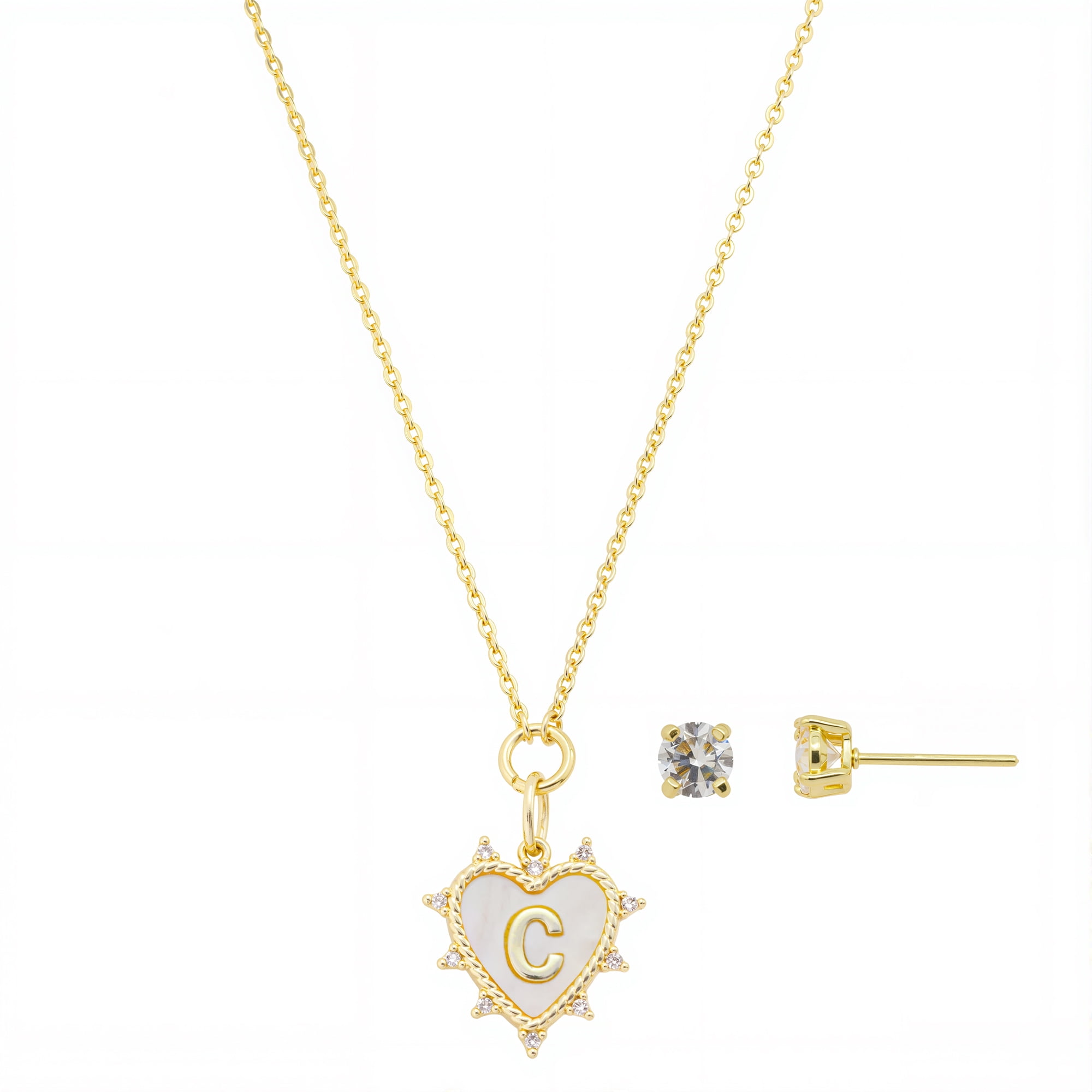 Believe by Brilliance Women's 14Kt Gold Flash Plated Cubic Zirconia Double Layer Tag "C" Necklace and Earring Set
