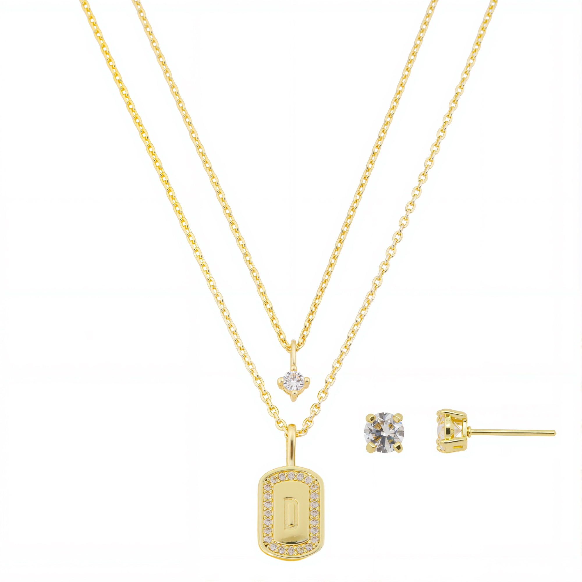 Believe by Brilliance Women's 14Kt Gold Flash Plated Cubic Zirconia Double Layer Tag "D" Necklace and Earring Set
