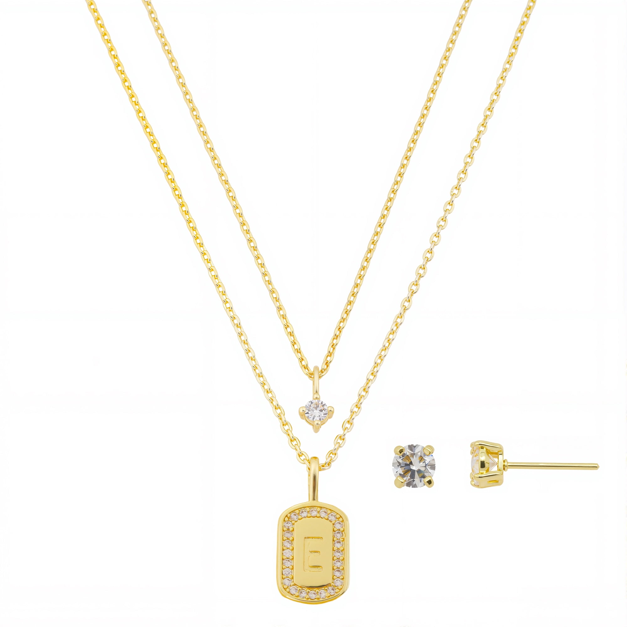 Believe by Brilliance Women's 14Kt Gold Flash Plated Cubic Zirconia Double Layer Tag "E" Necklace and Earring Set