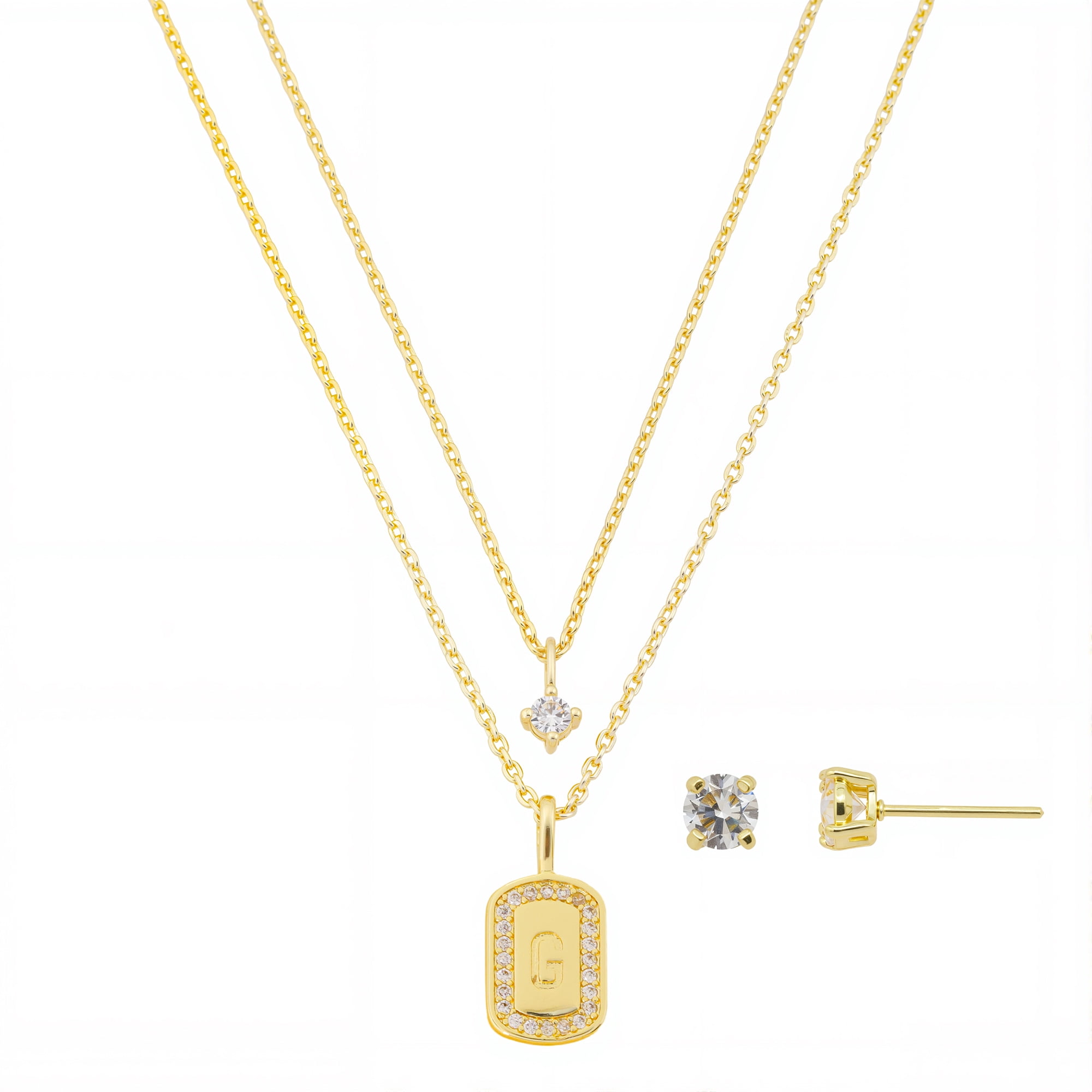 Believe by Brilliance Women's 14Kt Gold Flash Plated Cubic Zirconia Double Layer Tag "G" Necklace and Earring Set