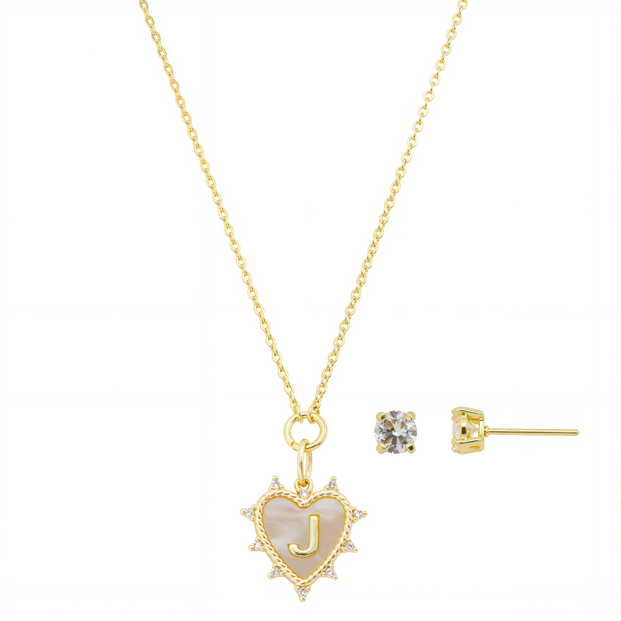 Women's 14Kt Gold Flash Plated Cubic Zirconia Double Layer Tag "J" Necklace and Earring Set