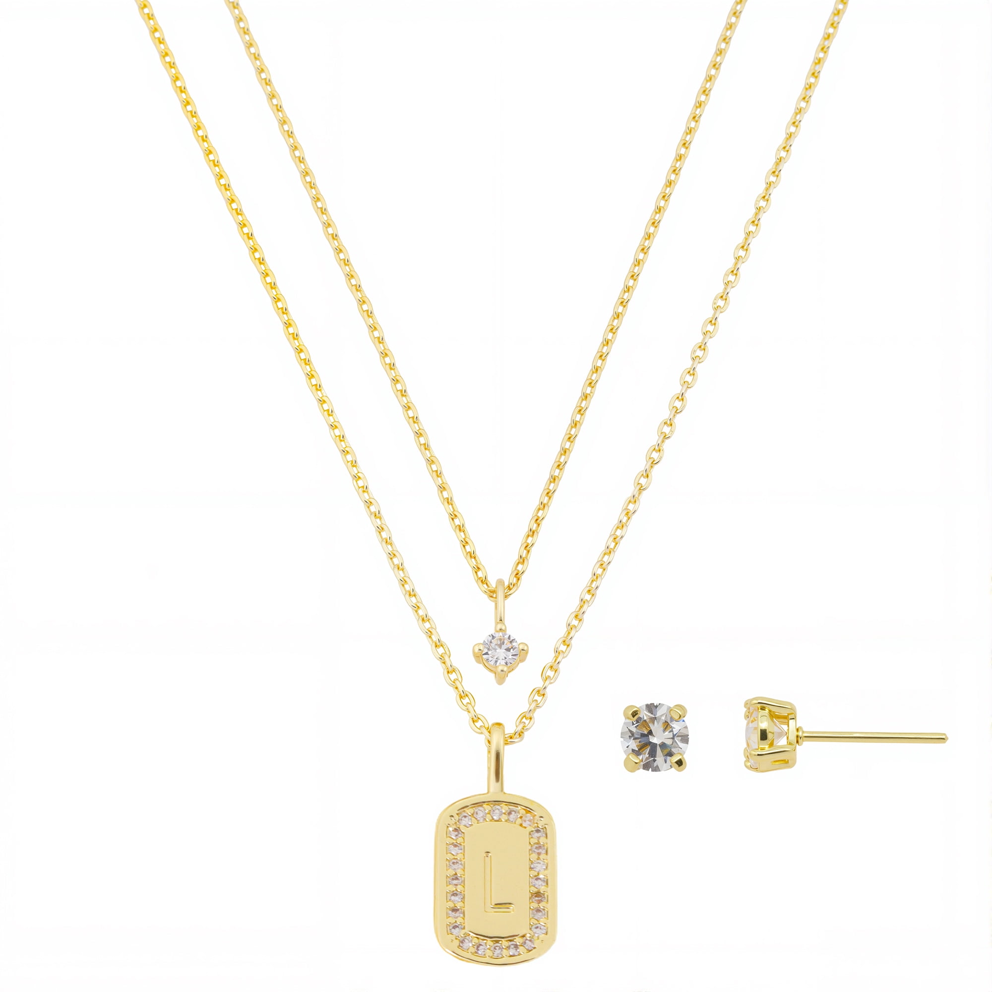 Believe by Brilliance Women's 14Kt Gold Flash Plated Cubic Zirconia Double Layer Tag "L" Necklace and Earring Set