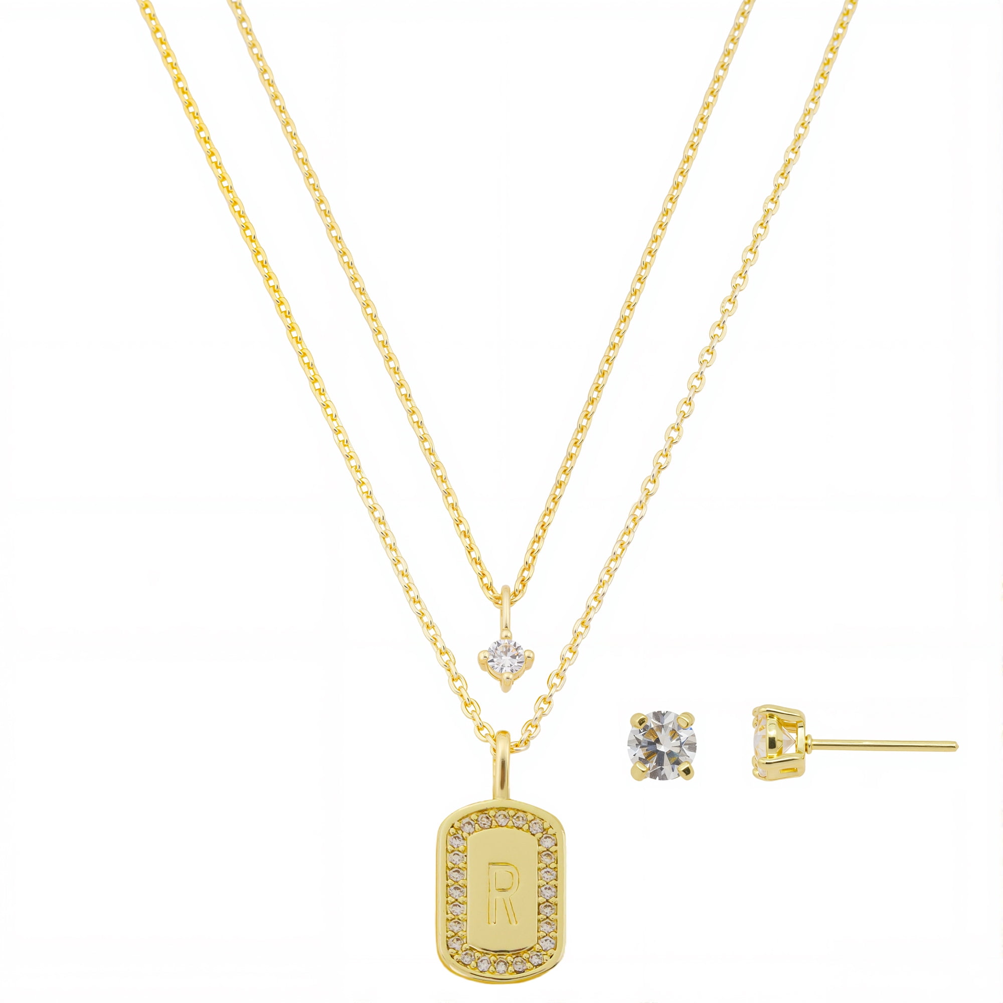 Believe by Brilliance Women's 14Kt Gold Flash Plated Cubic Zirconia Double Layer Tag "R" Necklace and Earring Set