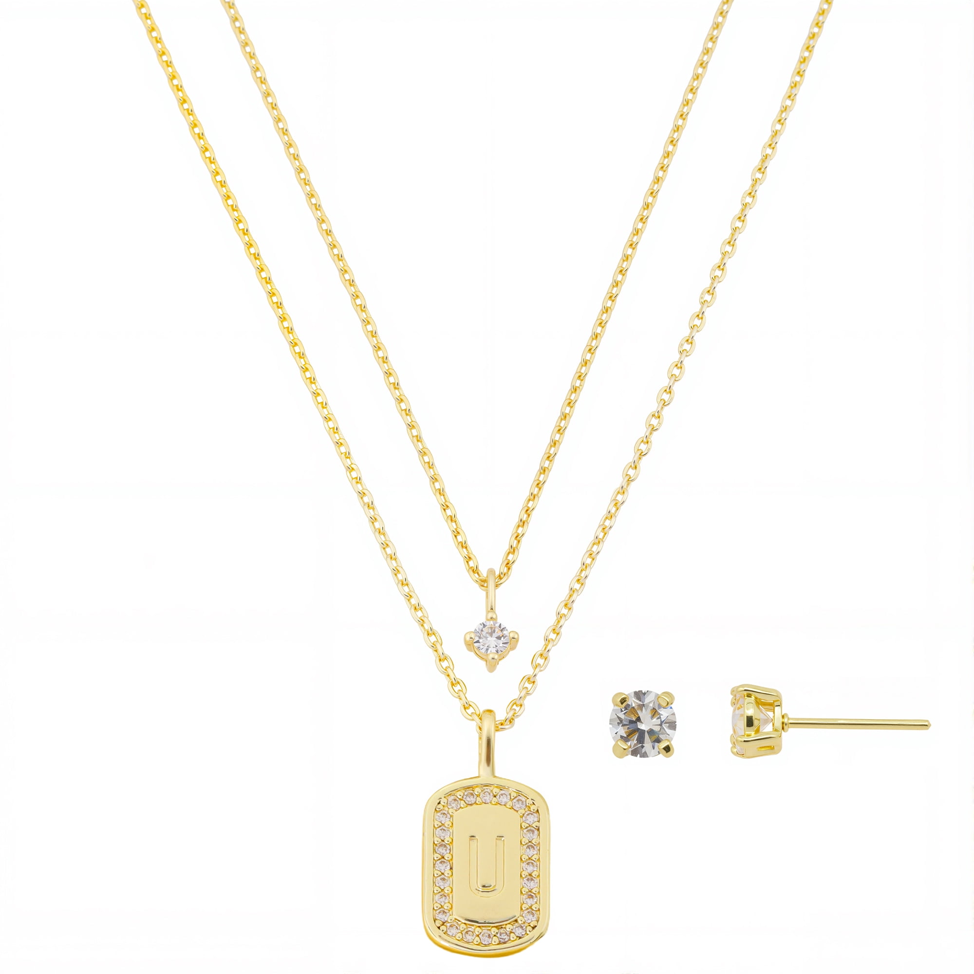 Women's 14Kt Gold Flash Plated Cubic Zirconia Double Layer Tag "U" Necklace and Earring Set