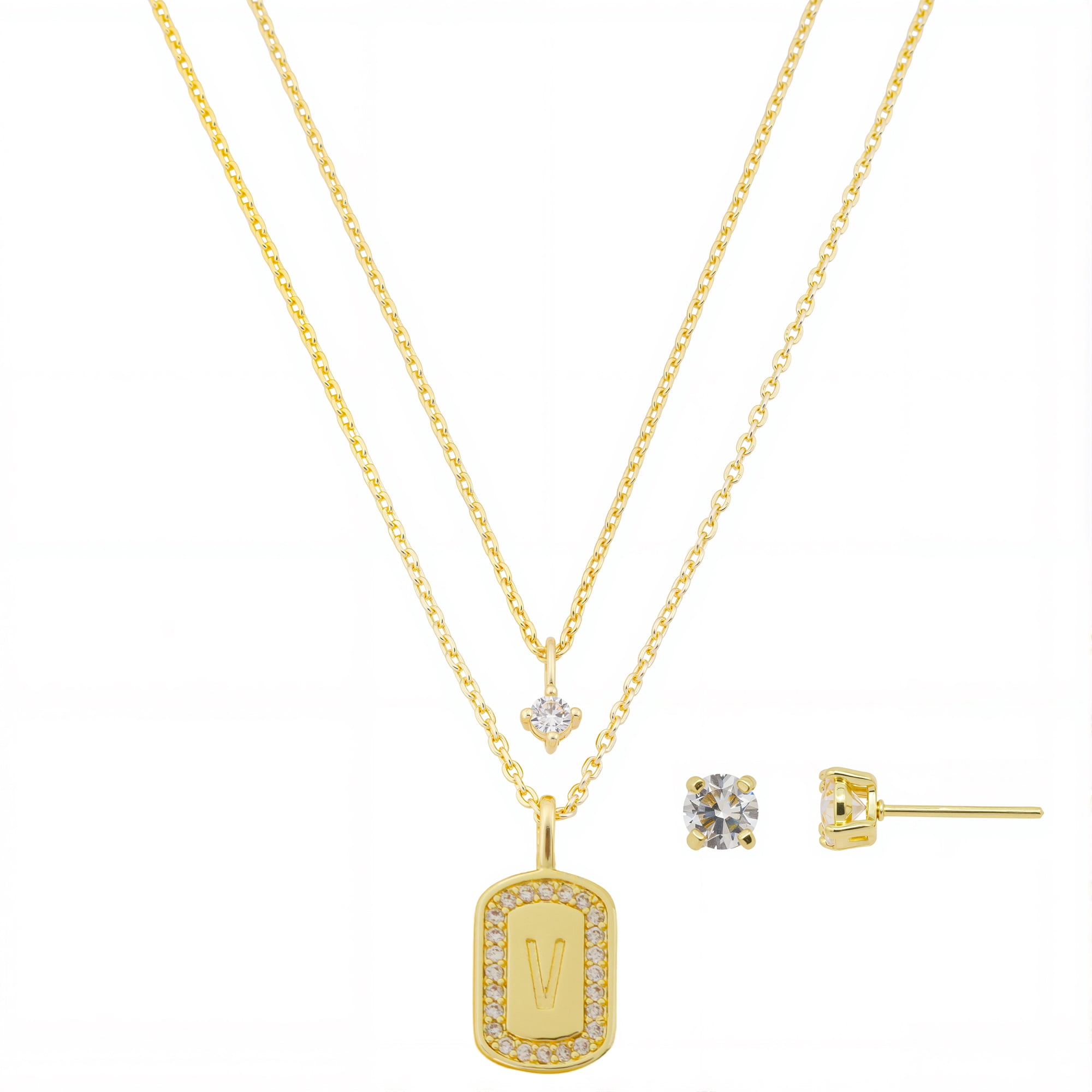 Believe by Brilliance Women's 14Kt Gold Flash Plated Cubic Zirconia Double Layer Tag "V" Necklace and Earring Set