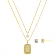 Women's 14Kt Gold Flash Plated Cubic Zirconia Double Layer Tag "Z" Necklace and Earring Set
