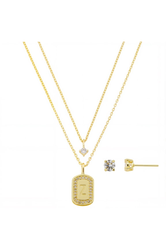 Women's 14Kt Gold Flash Plated Cubic Zirconia Double Layer Tag "Z" Necklace and Earring Set