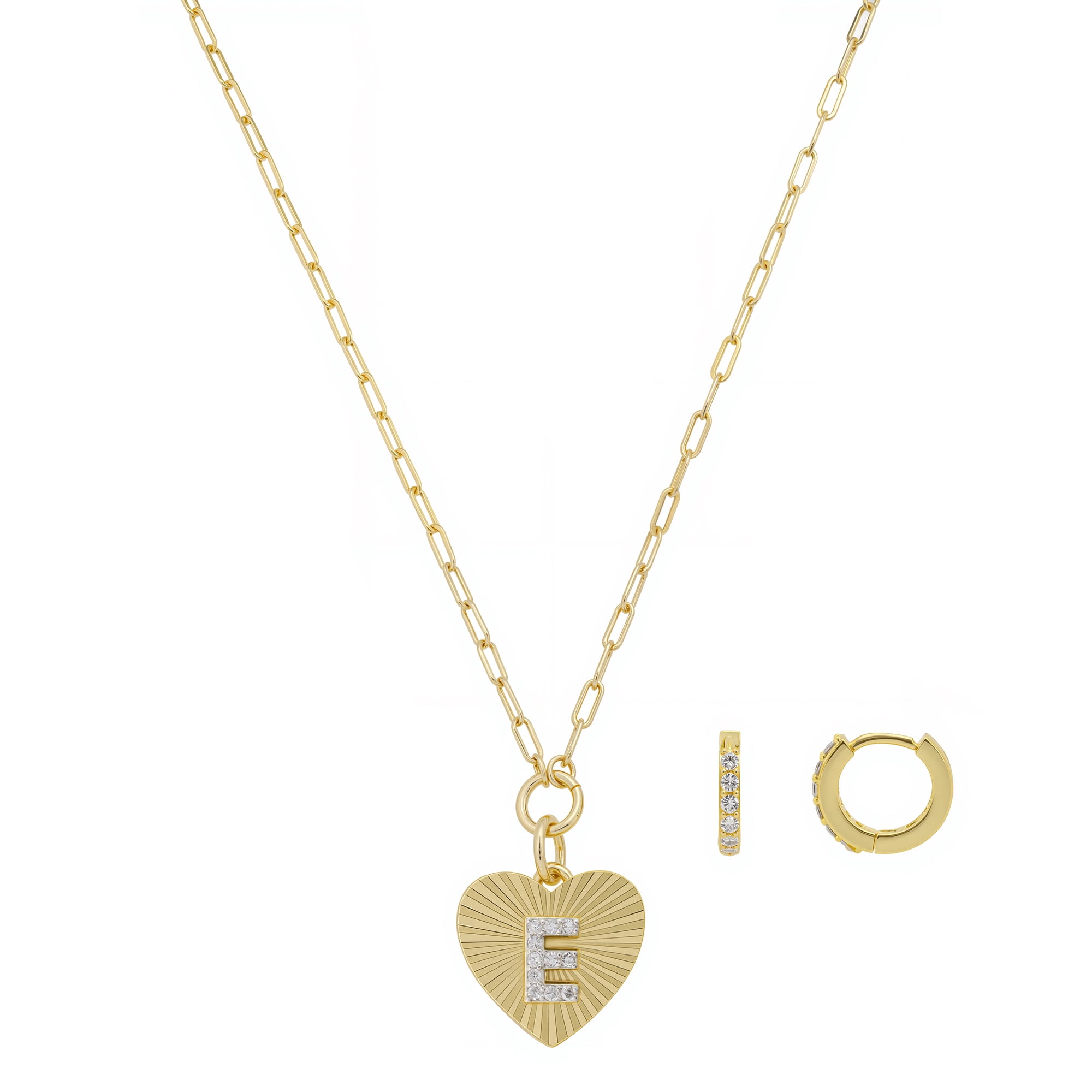 Believe by Brilliance Women's 14Kt Gold Flash Plated Cubic Zirconia Initial E Heart Pendant Necklace and Hoop Earring Set, 18+2"