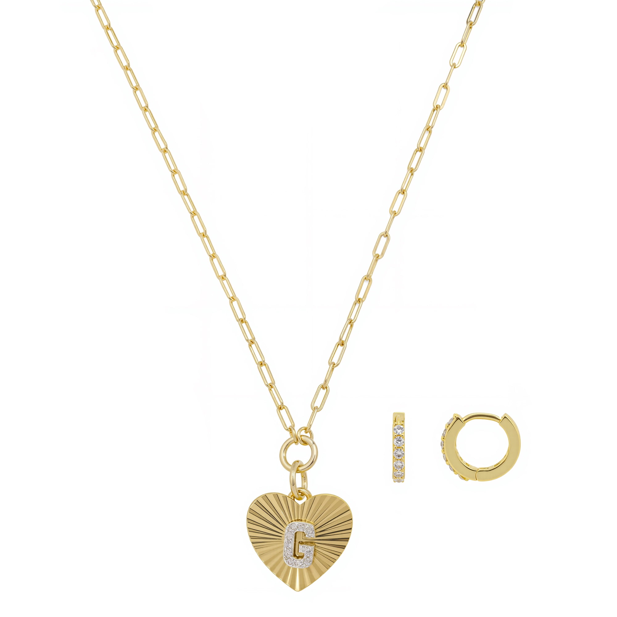 Believe by Brilliance Women's 14Kt Gold Flash Plated Cubic Zirconia Initial G Heart Pendant Necklace and Hoop Earring Set, 18+2"