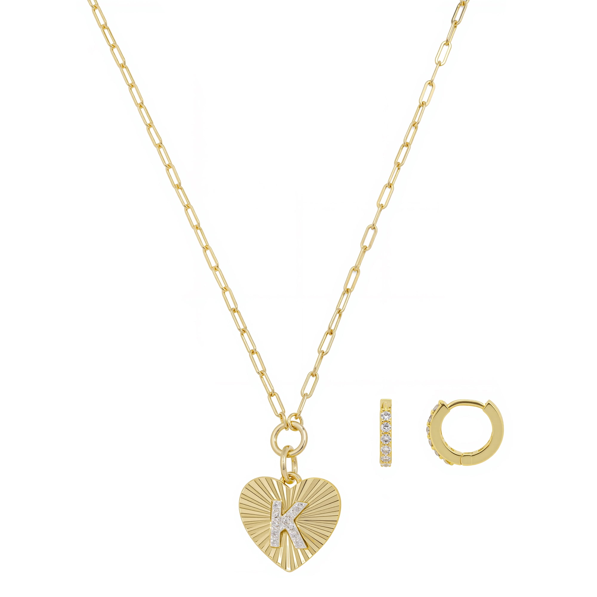 Believe by Brilliance Women's 14Kt Gold Flash Plated Cubic Zirconia Initial K Heart Pendant Necklace and Hoop Earring Set, 18+2"