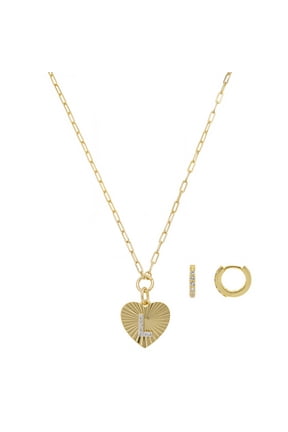 Women's 14Kt Gold Flash Plated Cubic Zirconia Initial L Heart Pendant Necklace and Hoop Earring Set, 18+2"
