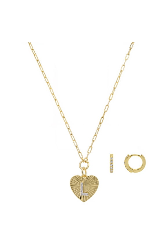 Women's 14Kt Gold Flash Plated Cubic Zirconia Initial L Heart Pendant Necklace and Hoop Earring Set, 18+2"