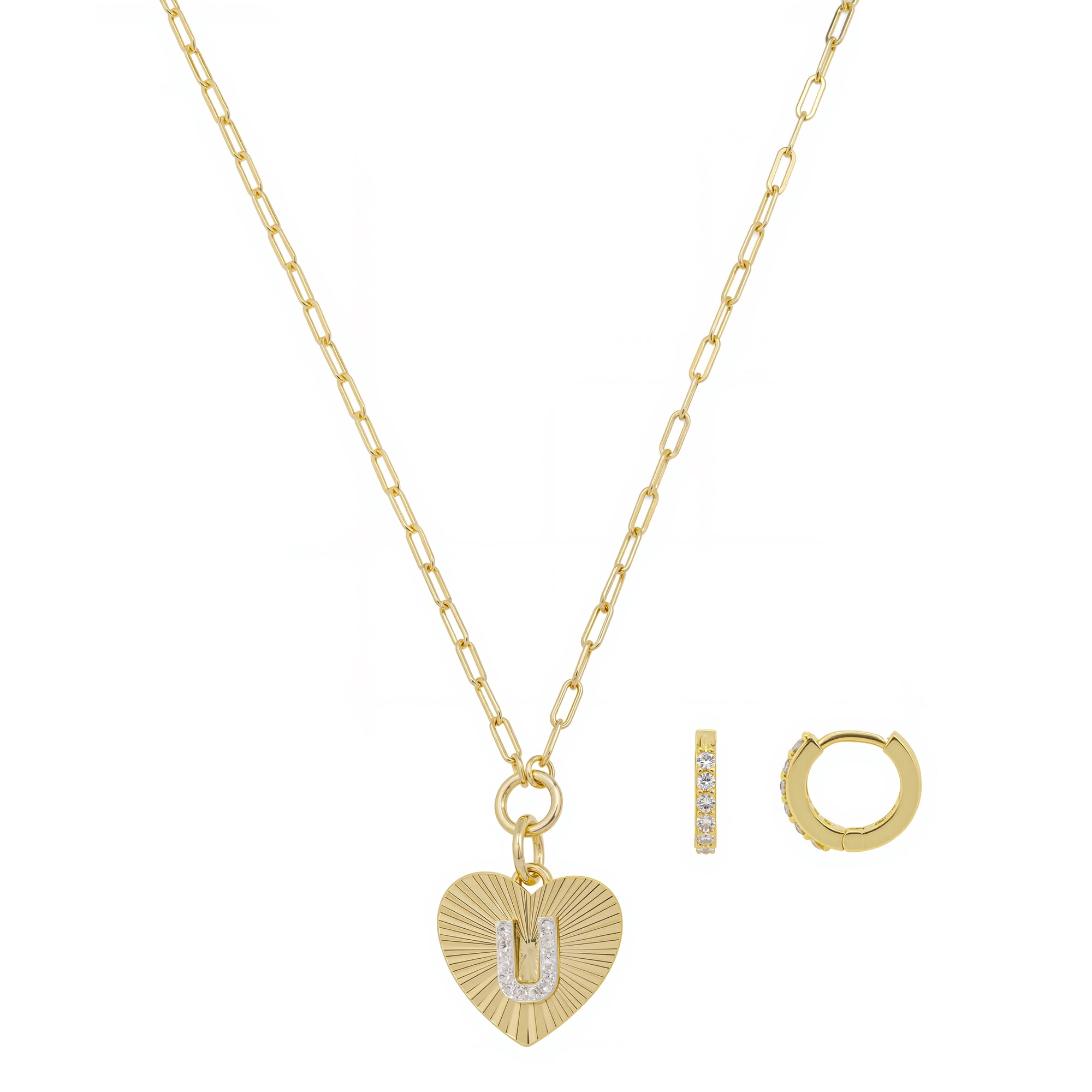 Believe by Brilliance Women's 14Kt Gold Flash Plated Cubic Zirconia Initial U Heart Pendant Necklace and Hoop Earring Set, 18+2"