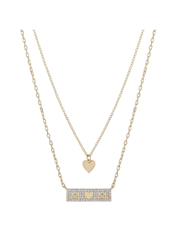 Women's 14Kt Gold Flash Plated Cubic Zirconia Mom Layered Necklace, 16+2/18+2"