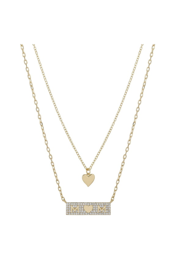 Women's 14Kt Gold Flash Plated Cubic Zirconia Mom Layered Necklace, 16+2/18+2"