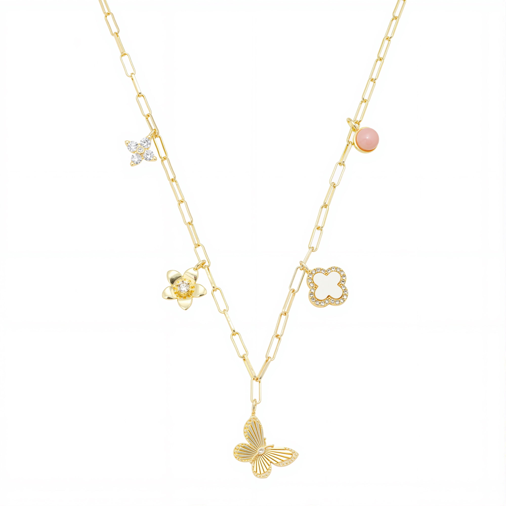 Women's 14Kt Gold Flash Plated Cubic Zirconia and Mother of Pearl Butterfly Charm Necklace