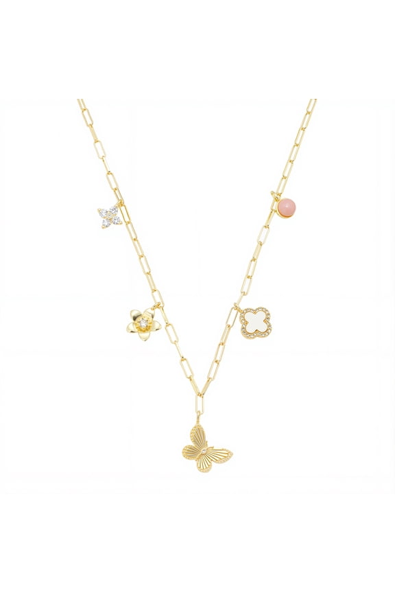 Women's 14Kt Gold Flash Plated Cubic Zirconia and Mother of Pearl Butterfly Charm Necklace
