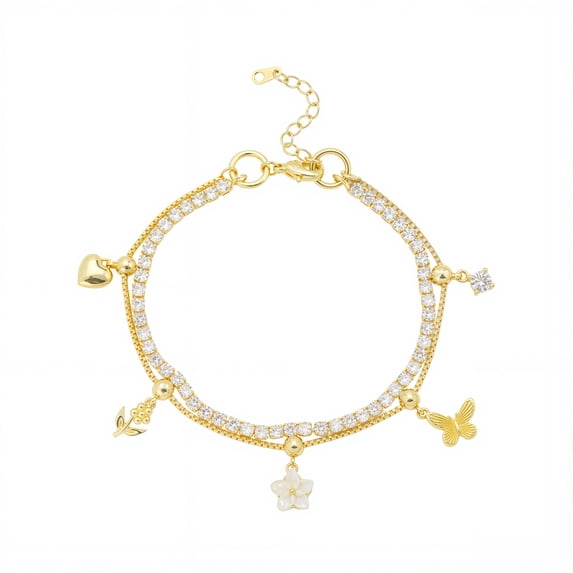 Believe by Brilliance Women's 14Kt Gold Flash Plated Cubic Zirconia and Mother of Pearl Butterfly and Flower Layered Adjustable Bolo Bracelet