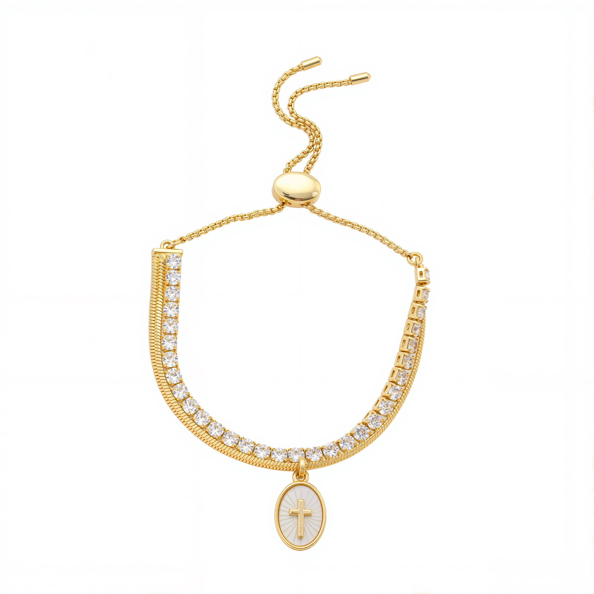 Women's 14Kt Gold Flash Plated Cubic Zirconia and Mother of Pearl Cross Layered Adjustable Bolo Bracelet