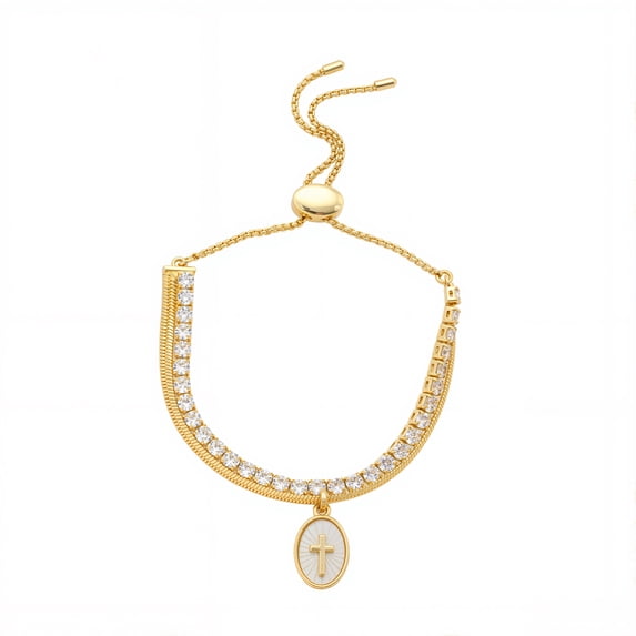 Believe by Brilliance Women's 14Kt Gold Flash Plated Cubic Zirconia and Mother of Pearl Cross Layered Adjustable Bolo Bracelet