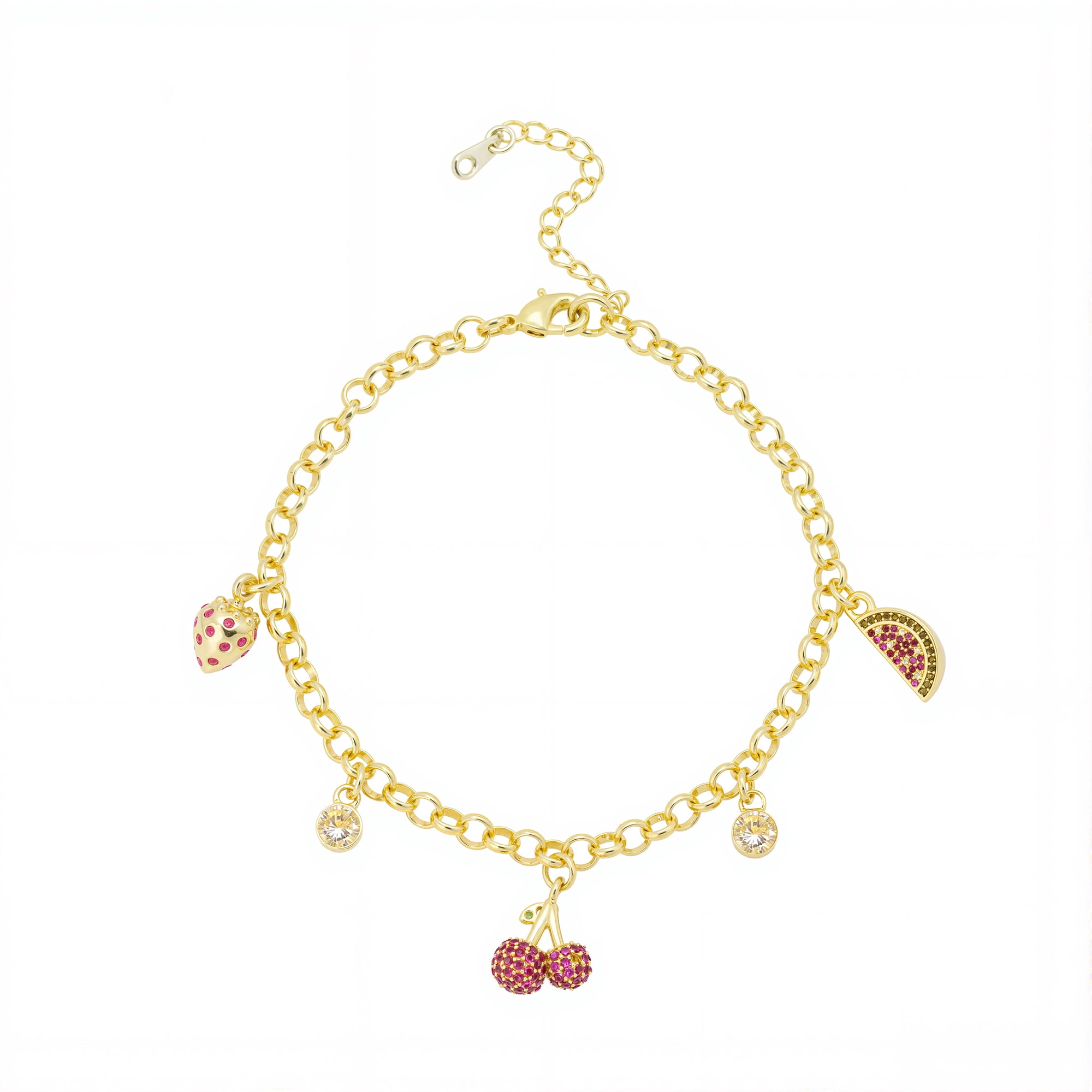 Women's 14Kt Gold Flash Plated Cubic Zirconia and Ruby Corundum Fruit Charm Bracelet