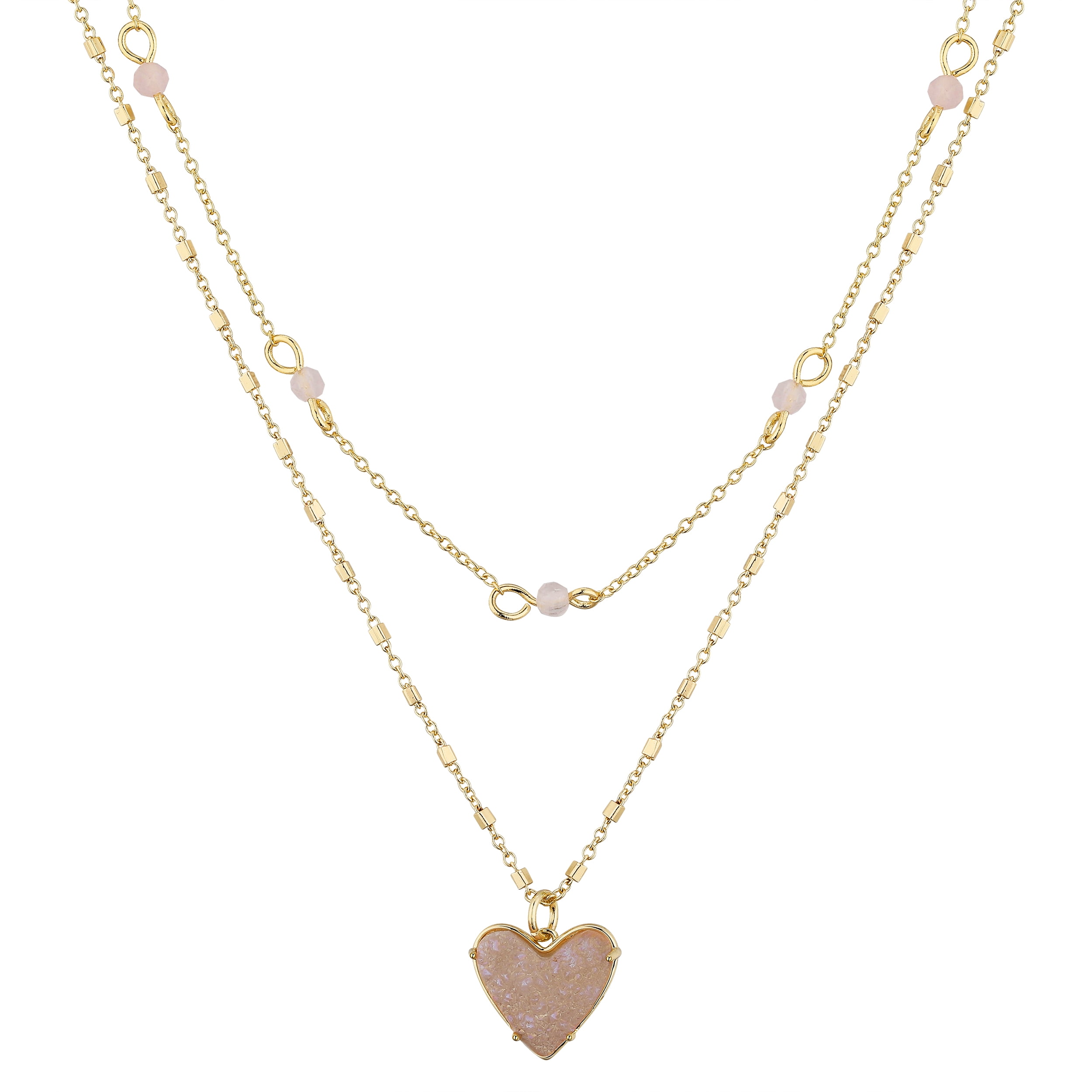 BELIEVE BY BRILLIANCE Women's 14Kt Gold Flash-Plated Faux Pink Druzy Heart Layered Pendant Necklaces, 16+2", 18+2" Extender