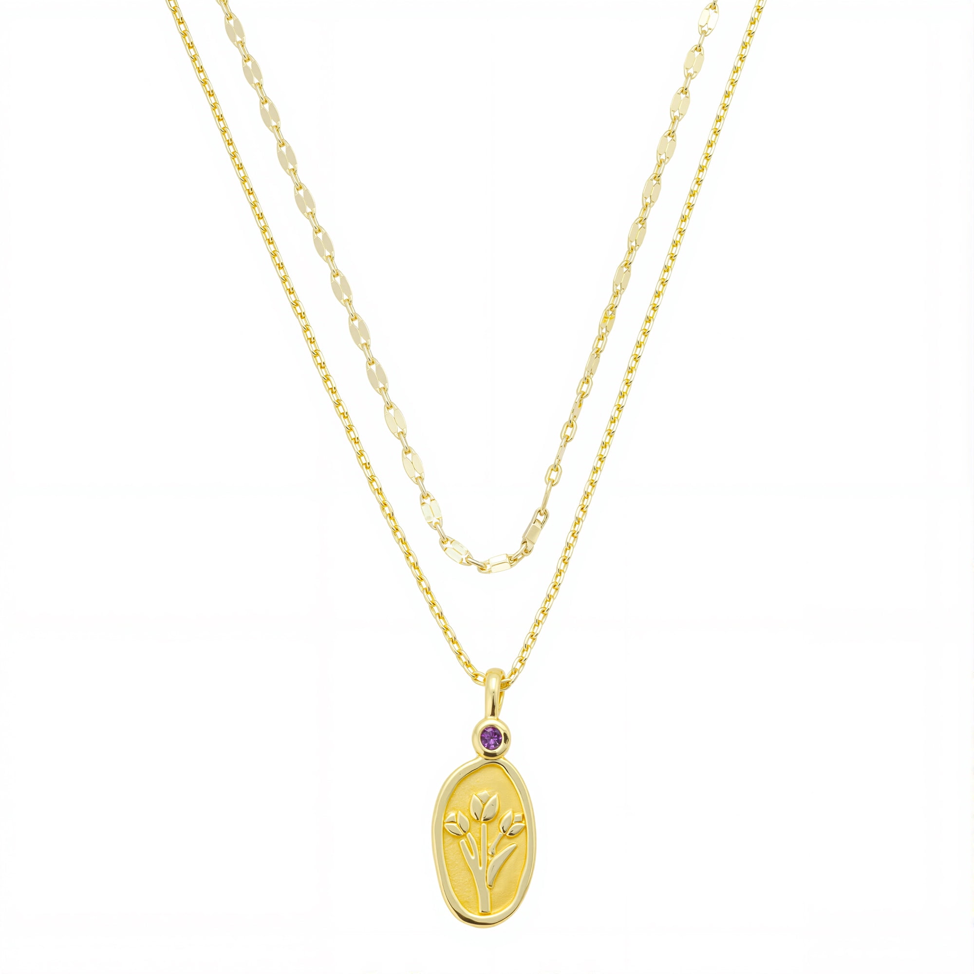 Women's 14Kt Gold Flash Plated Genuine Amethyst Flower Pendant Layered Necklace Set
