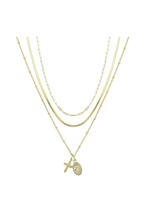 Women's 14Kt Gold Flash-Plated Genuine Crystal Cross and Virgin Mary Layered Pendant Necklaces, 16+2", 17+2", 18+2" Extender