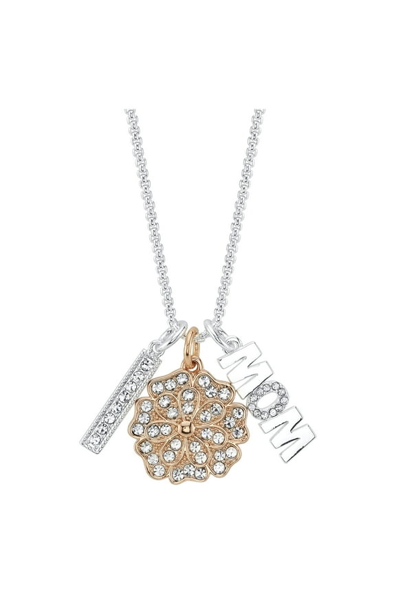 Women's 14Kt Gold Flash Plated Genuine Crystal "Mom" Flower Pendant Necklace, 18+2" Extender