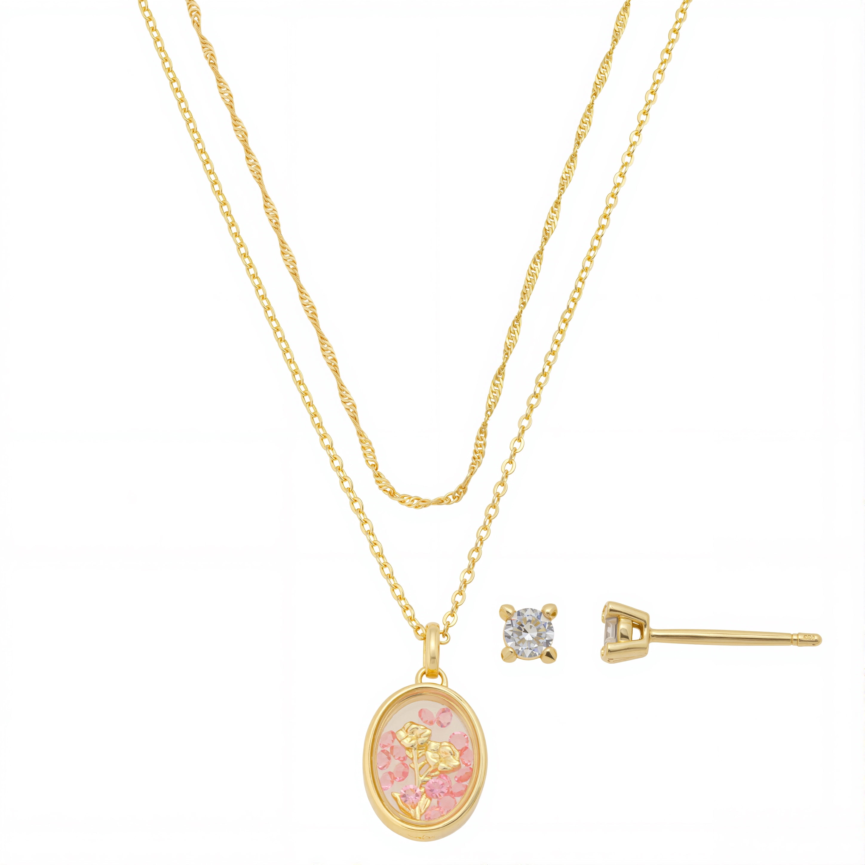 Women's 14Kt Gold Flash Plated Genuine Crystal Shaker Flower Pendant Necklace and Earring Set