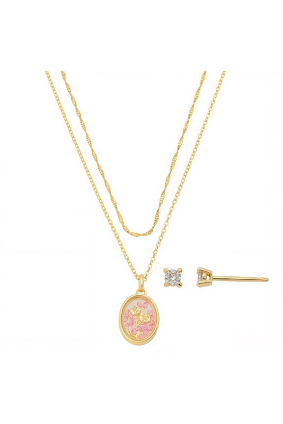 Women's 14Kt Gold Flash Plated Genuine Crystal Shaker Flower Pendant Necklace and Earring Set