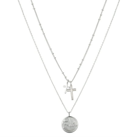 Believe by Brilliance Women's 14Kt Gold Flash Plated Genuine Mother of Pearl "Faith" Cross Layered Pendant Necklace, 16+2" & 18+2" Exteneder