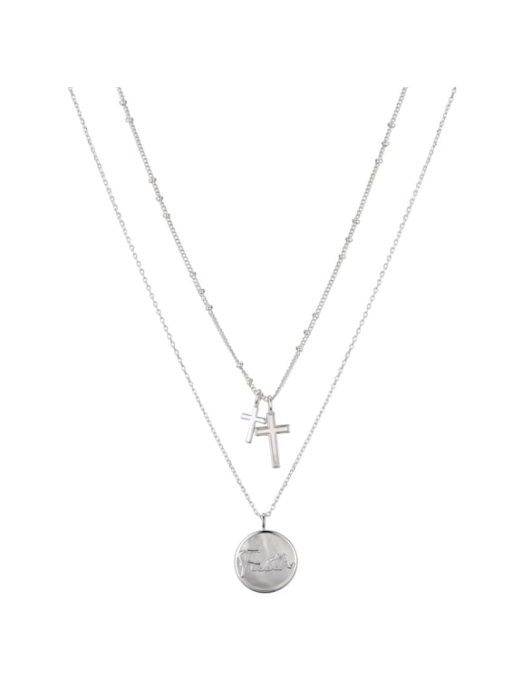 Women's Faith Cross Layered Pendant Necklace with Mother-of-Pearl, 16+2 in and 18+2 in