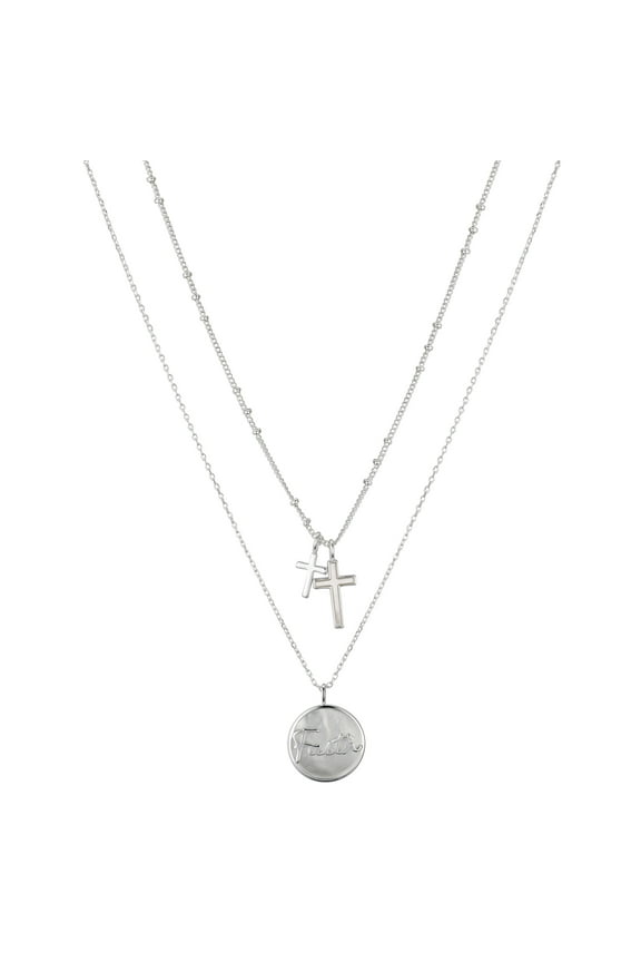 Women's 14Kt Gold Flash Plated Genuine Mother of Pearl "Faith" Cross Layered Pendant Necklace, 16+2" & 18+2" Exteneder