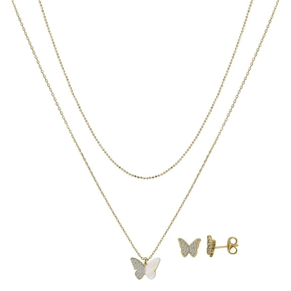Believe by Brilliance Women's 14Kt Gold Flash Plated Mother of Pearl Butterfly Layered Pendant Necklace and Stud Earring Set, 16+2" & 18+2" Extender