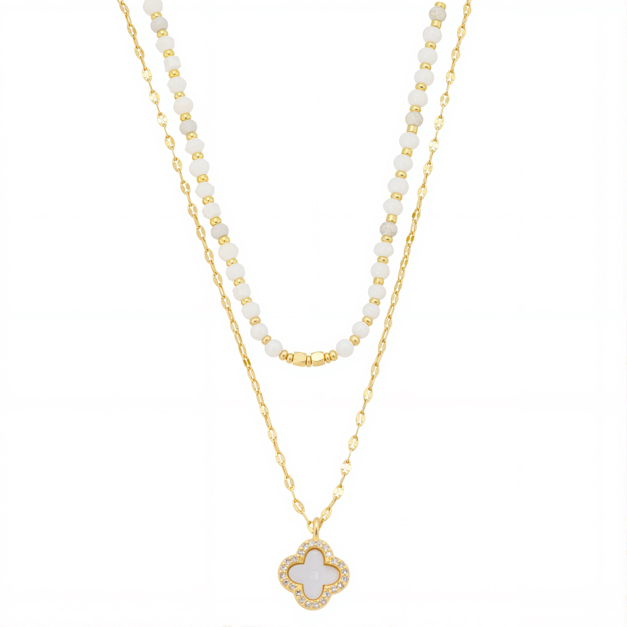 Women's 14Kt Gold Flash Plated Mother of Pearl Clover Pendant Layered Necklace Set