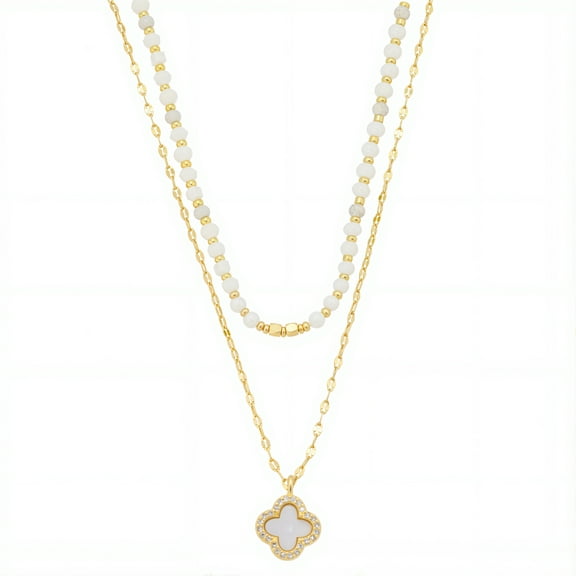 Believe by Brilliance Women's 14Kt Gold Flash Plated Mother of Pearl Clover Pendant Layered Necklace Set
