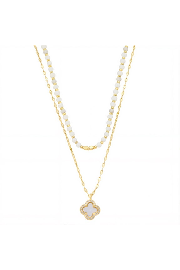 Women's 14Kt Gold Flash Plated Mother of Pearl Clover Pendant Layered Necklace Set