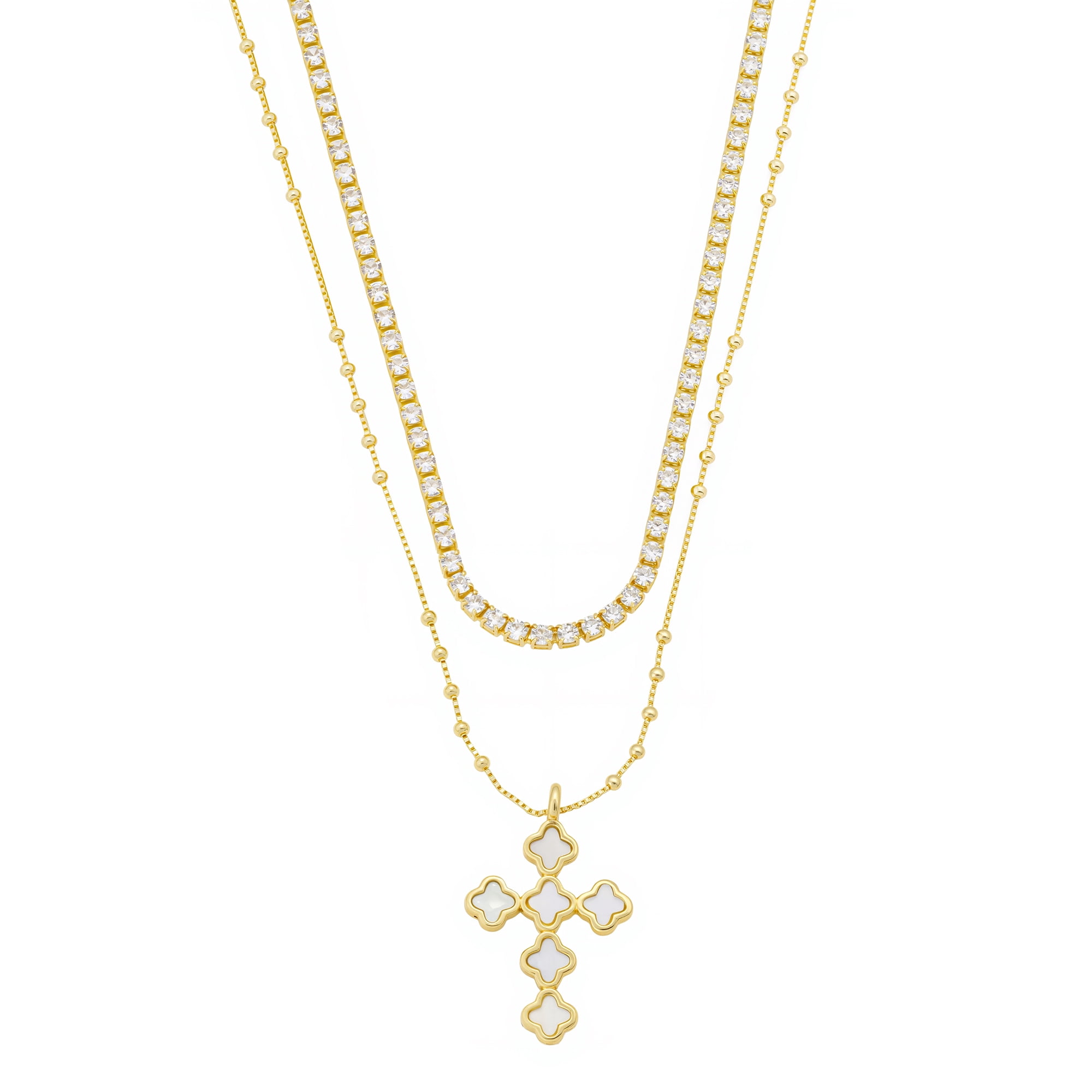 Women's 14Kt Gold Flash Plated Mother of Pearl Cross Pendant and Cubic Zirconia Tennis Chain Layered Necklace Set, 16+2"/18+2"