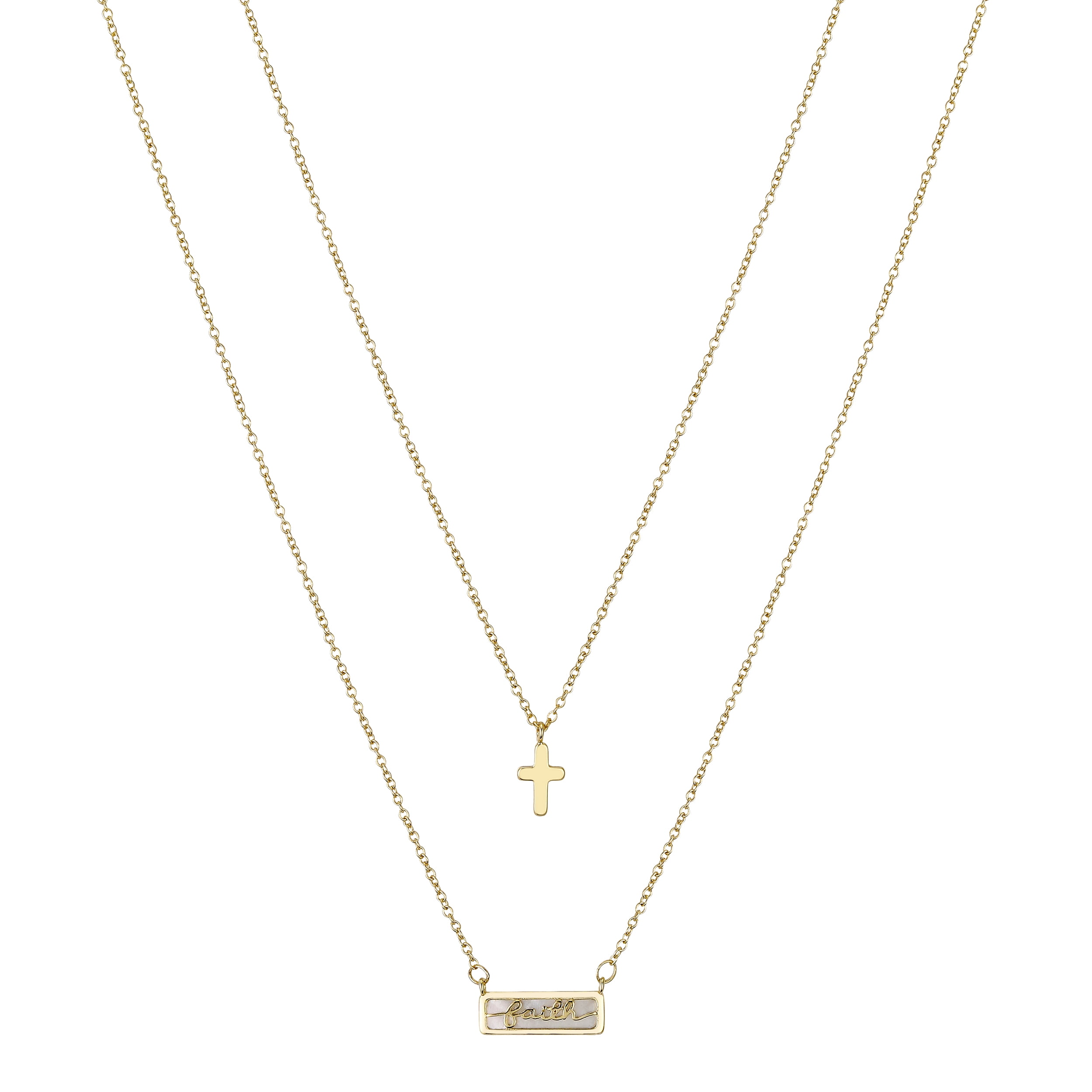 BELIEVE BY BRILLIANCE Women's 14Kt Gold Flash Plated Mother of Pearl Faith Cross Layered Pendant Necklace, 16+2" & 18+2" Extender