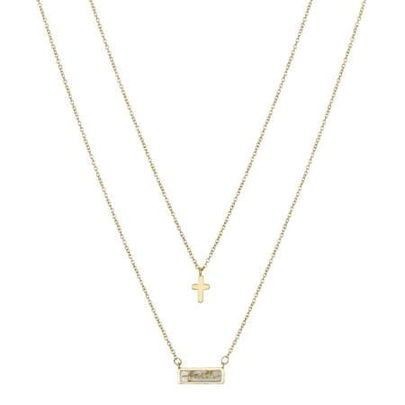 Believe by Brilliance Women's 14Kt Gold Flash Plated Mother of Pearl Faith Cross Layered Pendant Necklace, 16+2" & 18+2" Extender
