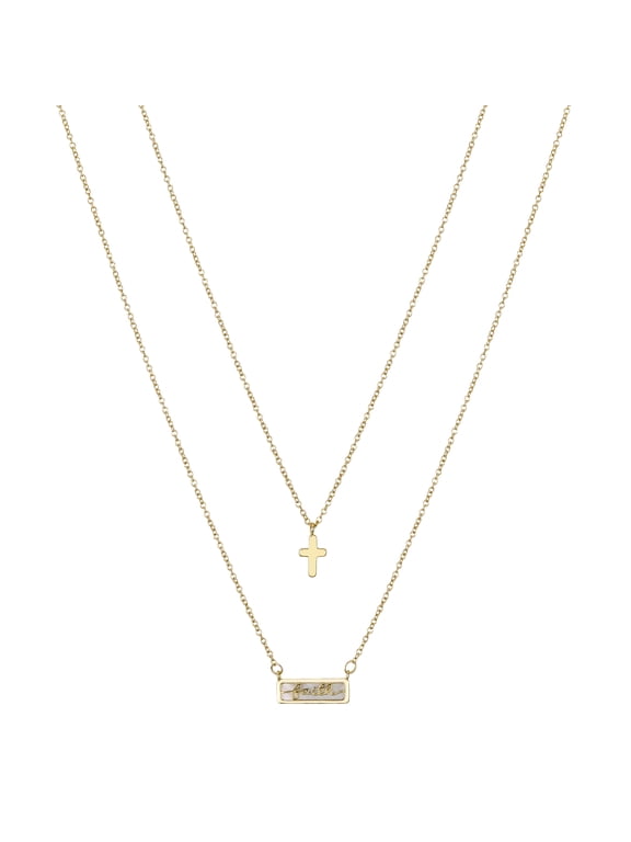 Women's 14K Gold Flash Plated Mother of Pearl Faith Cross Layered Pendant Necklace, 16+2" & 18+2"