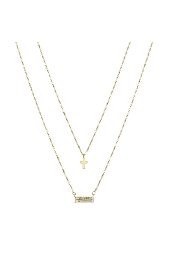 Women's 14Kt Gold Flash Plated Mother of Pearl Faith Cross Layered Pendant Necklace, 16+2" & 18+2" Extender
