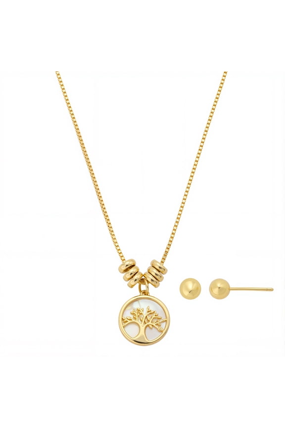 Women's 14Kt Gold Flash Plated Mother of Pearl Family Tree Necklace and Earring Set