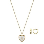 BELIEVE BY BRILLIANCE Women's 14Kt Gold Flash Plated Mother of Pearl Heart Initial "A" Pendant Necklace and Hopp Earring Set, 18+2" Extender